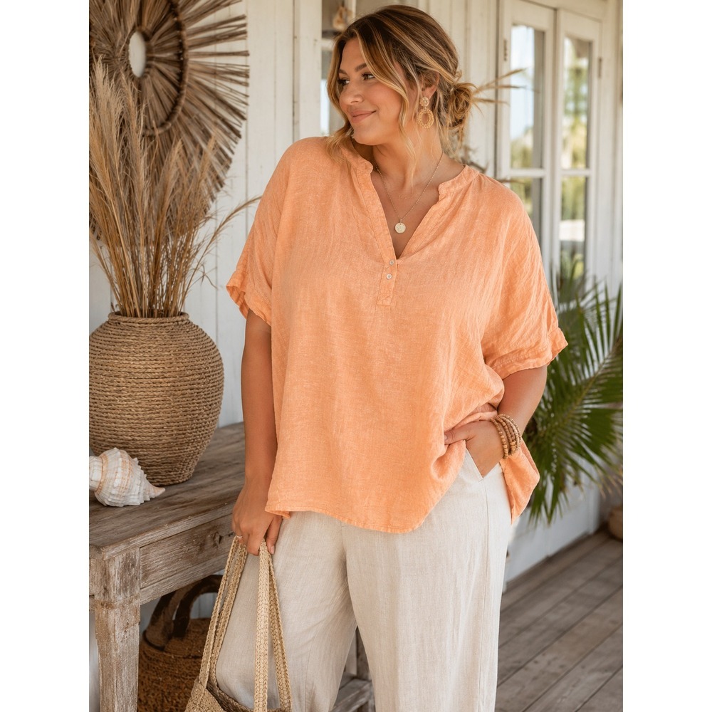 100% Linen Blouse 3X Peach Coastal Grandma Boho Cottagecore Resort Wear Top
